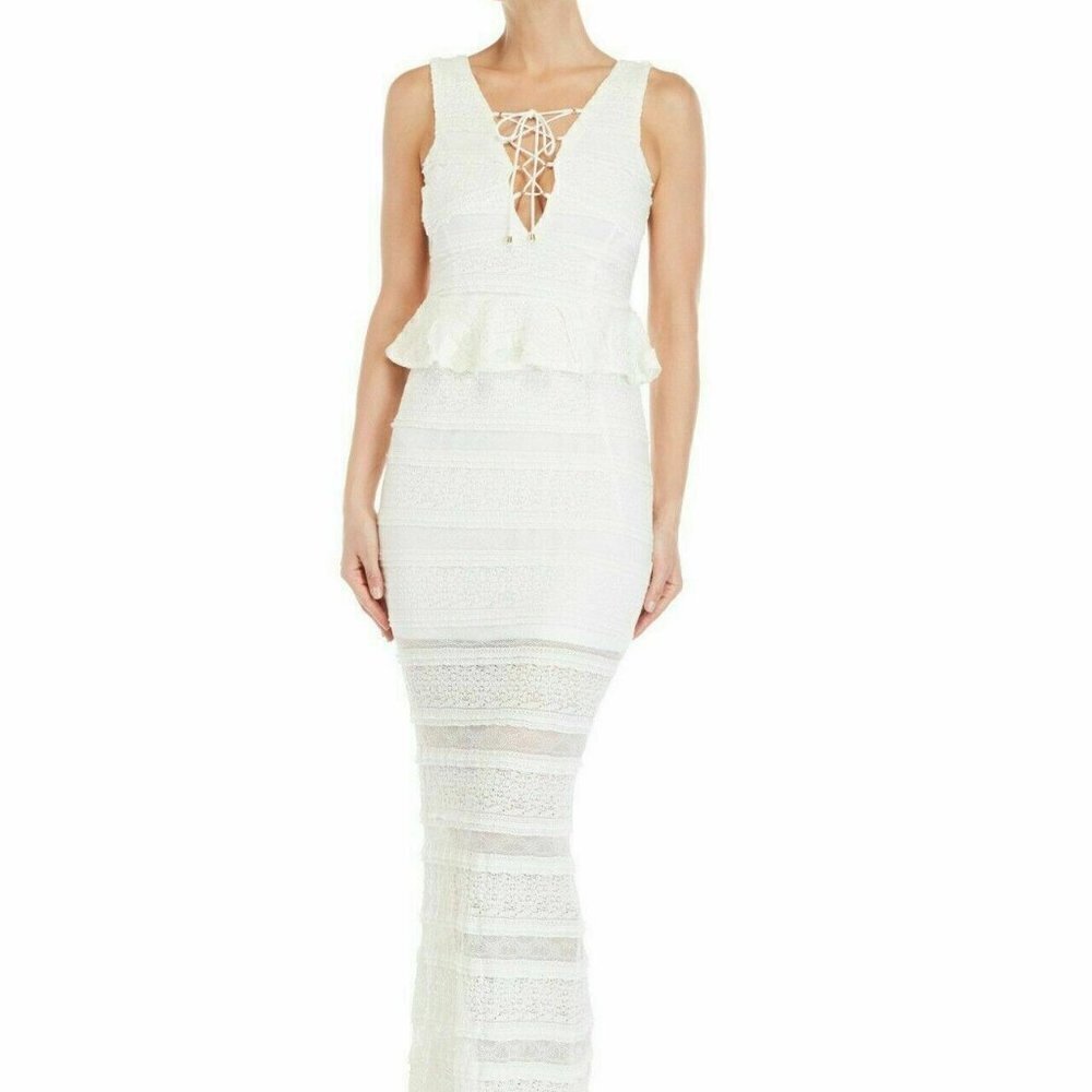 FOXIEDOX Makayla Peplum Lace Maxi Dress In Ivory M